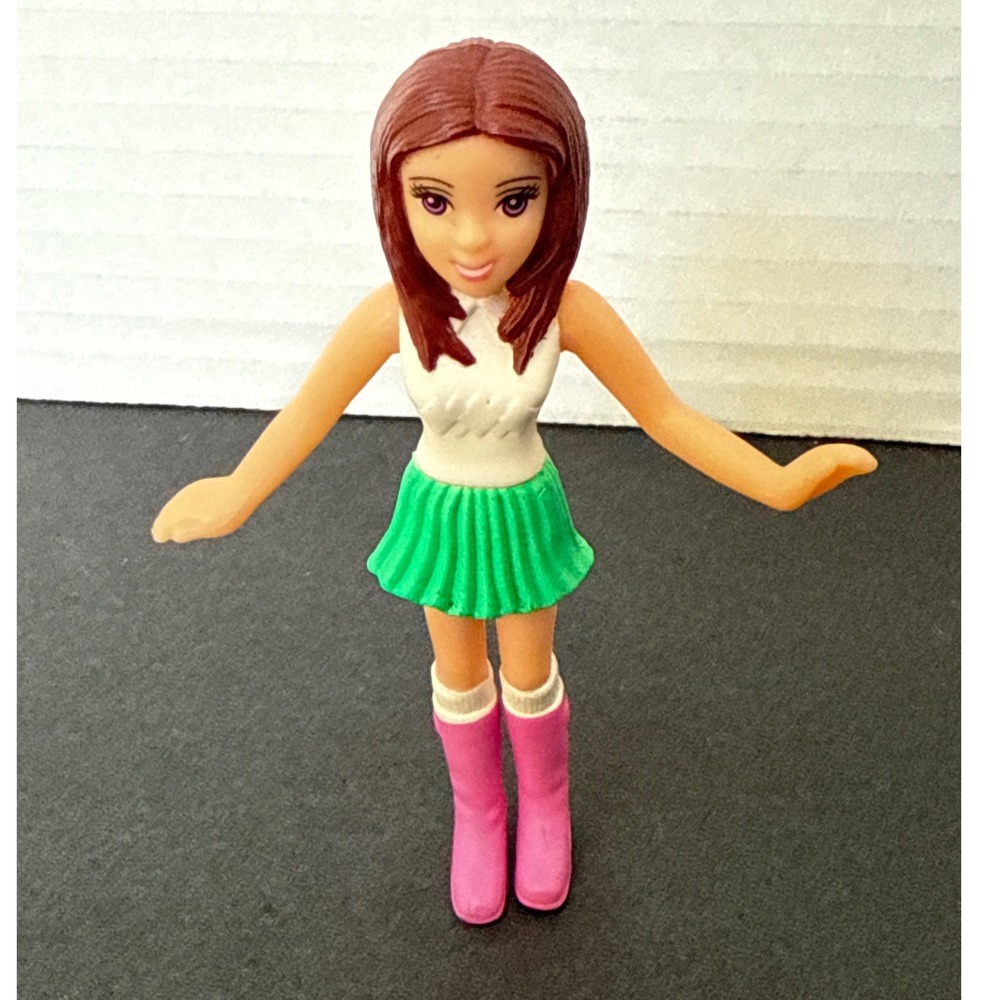 Mattel Polly Pocket 2008 Doll Brown Hair Green Skirt Pink Boots Collectible Toy